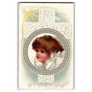 Vintage Embossed Easter Postcard Child Angel Floral Cross "All Easter Joy"